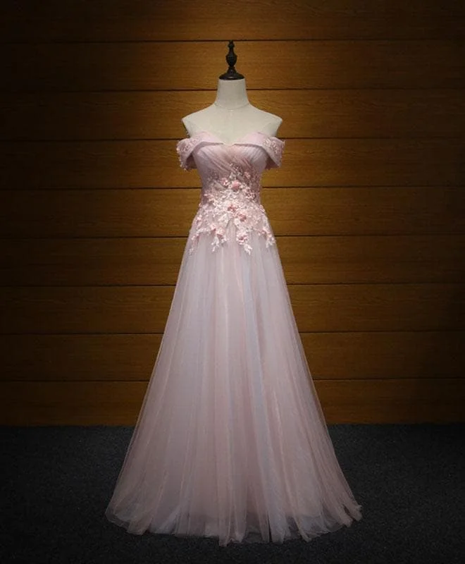 Pink Tulle Lace Long Prom Dress, Lace Evening Dress