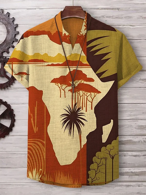 Men's Beautiful African Landscape Map Silhouette Art Print Linen Blend V Neck T-Shirt
