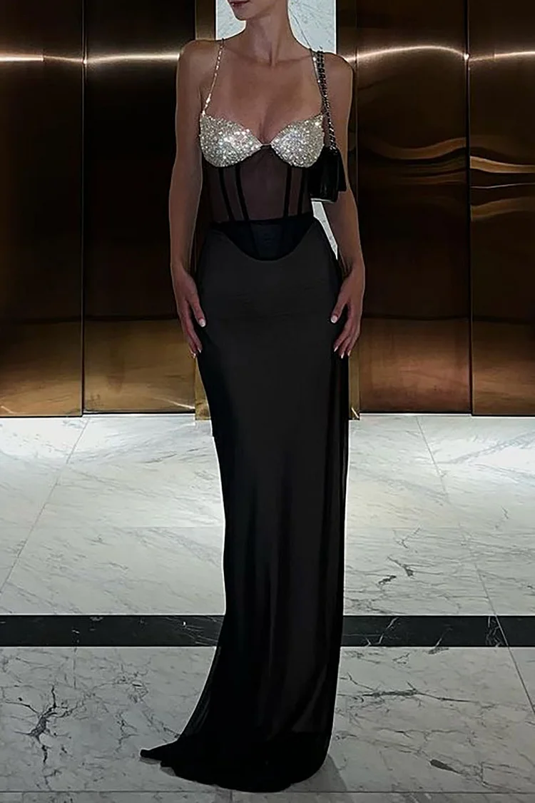 Mesh Sequins Cami Corset Slim Fit See-Through Maxi Dresses-Black
