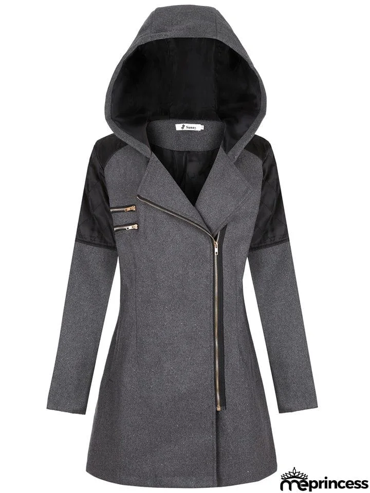Women's Distinctive Mid-Length Loose Oblique Zipper Hooded Cotton Coat