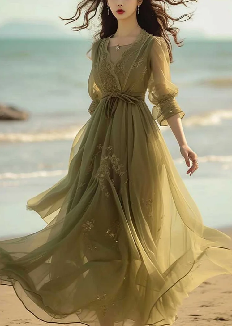 New Green Lace Solid Chiffon Dress Bracelet Sleeve Summer