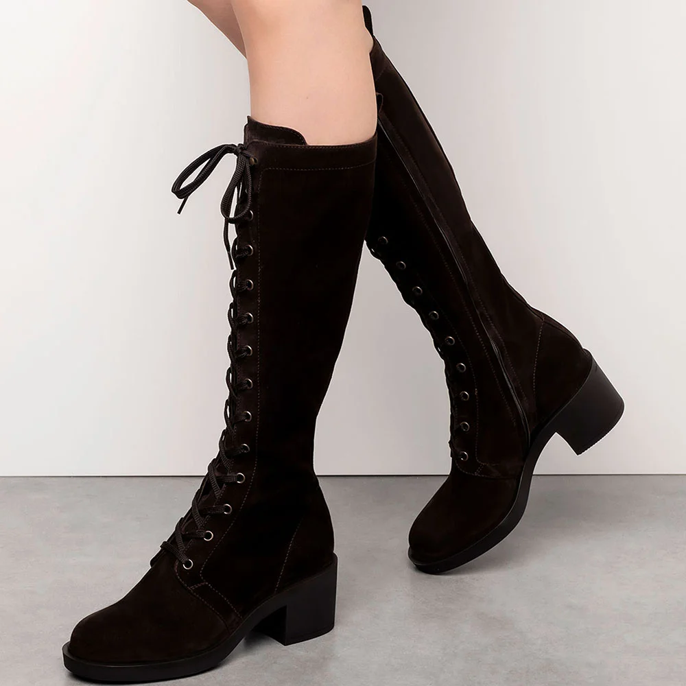 Black Faux Suede Knee Boots Lace Up Design Block Heel Boots Nicepairs