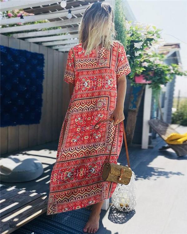 crew neck short sleeve folk printed maxi dress p114431