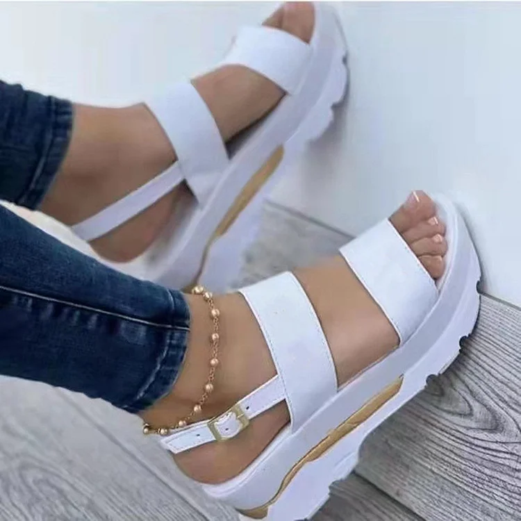 Summer New Style Wide Face Buckle British Style Thick Bottom Peep Toe Sandals for Women VangoghDress