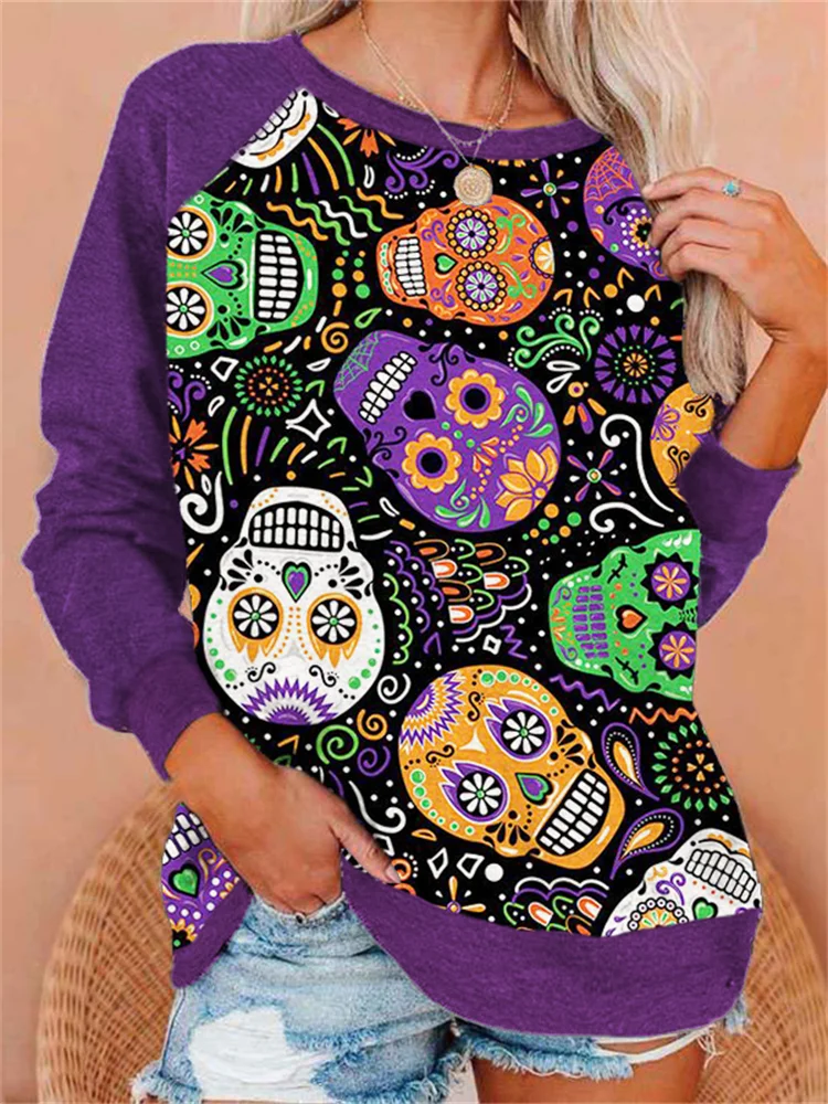 Vefave Sugar Skulls Pattern Contrast Color Sweatshirt