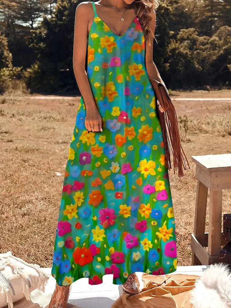 Women's Colorful Floral Print Casual Suspender V Neck Dress socialshop