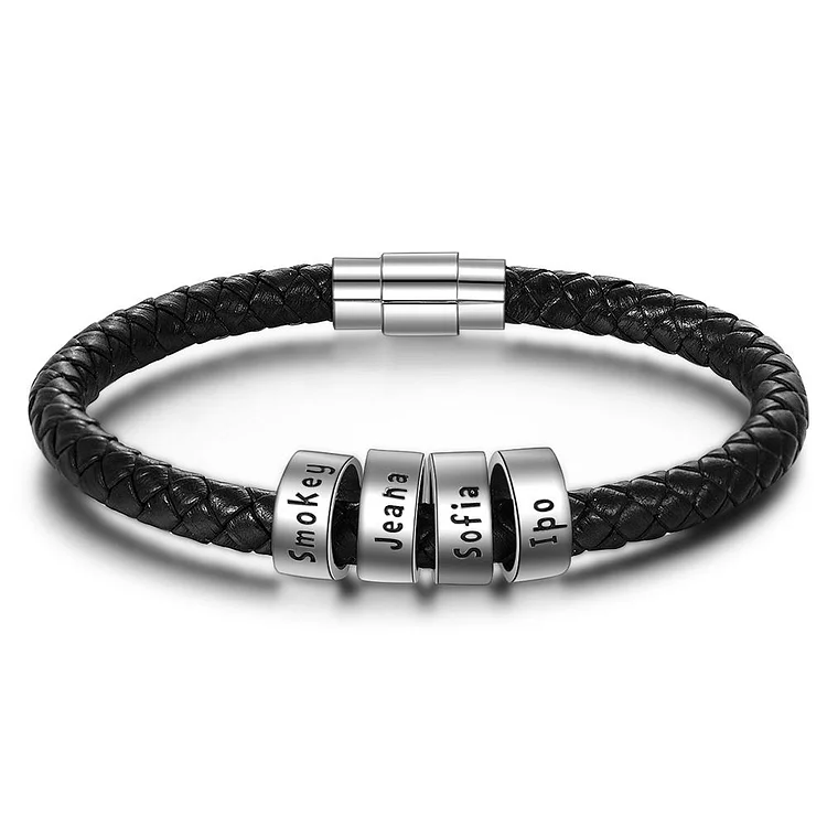 Men Leather Braided Rope Bracelet with 4 Sterling Silver Custom Beads Engarved 4 Family Names Black Bracelet for Men