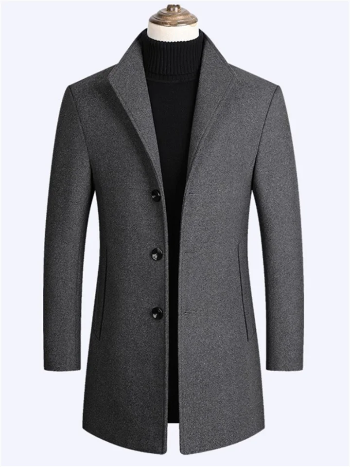 Men's Winter Coat Wool Coat Overcoat Street Business Winter Woolen Thermal Warm Outerwear Clothing Apparel Casual Solid Color Pocket Stand Collar Single Breasted