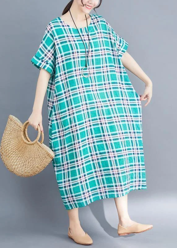 Natural green cotton clothes 2019 Sleeve plaid Plus Size Clothing summer Dress