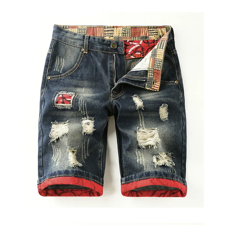 TIMSMEN American Thin Embroidered Ripped Contrast Denim Shorts
