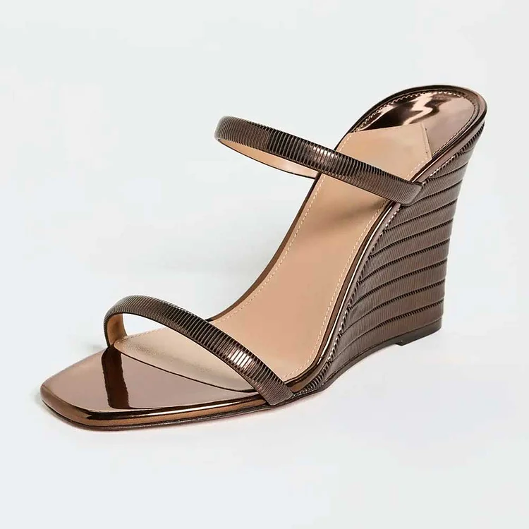 Brown & Black Metallic Square Toe Wedge Heel Strappy Mules Sandals |FSJ Shoes