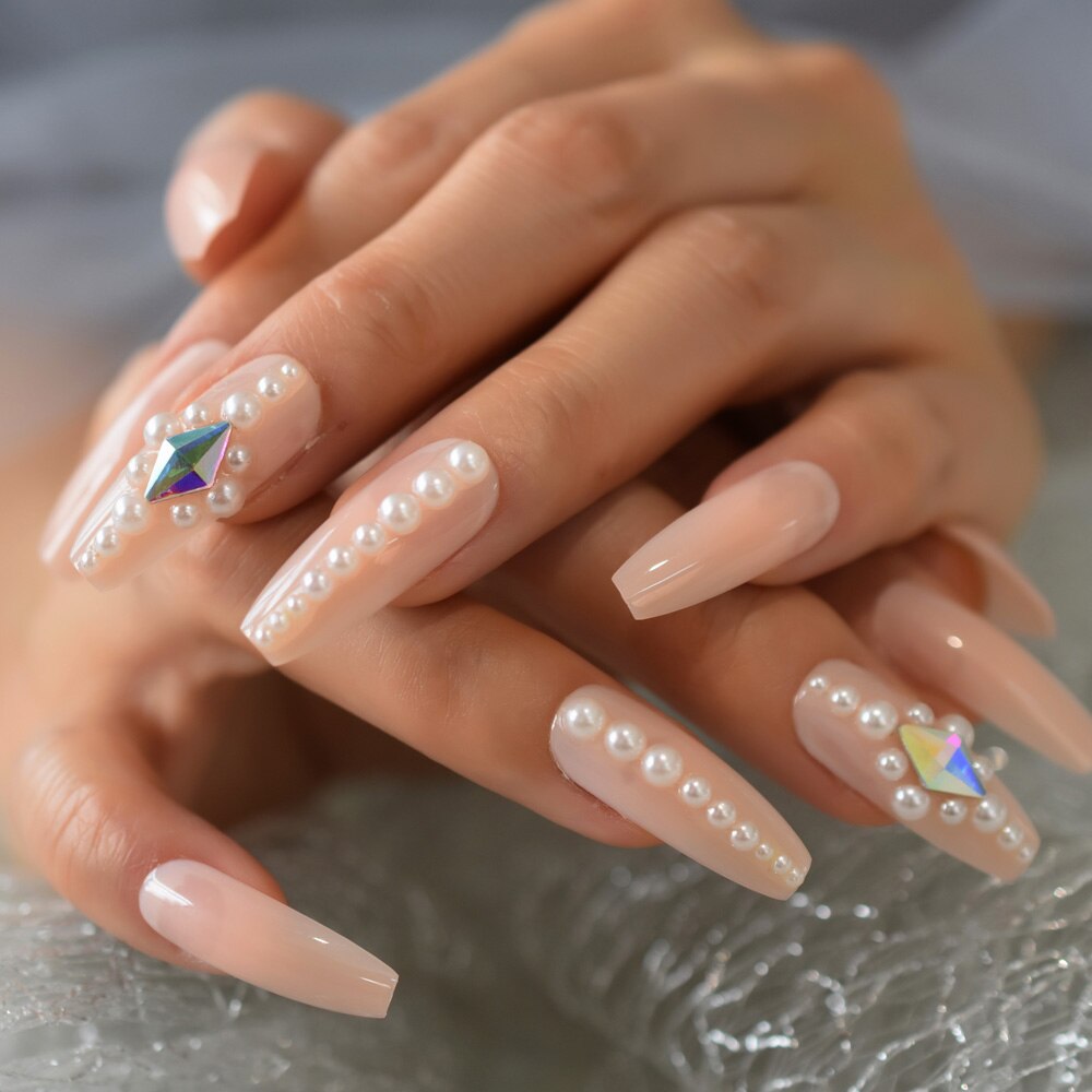 Churchf Nude Fake Nail Extra Long Coffin Nail Art Tips Pure Pearl Press On Nails 3D Rhinestone