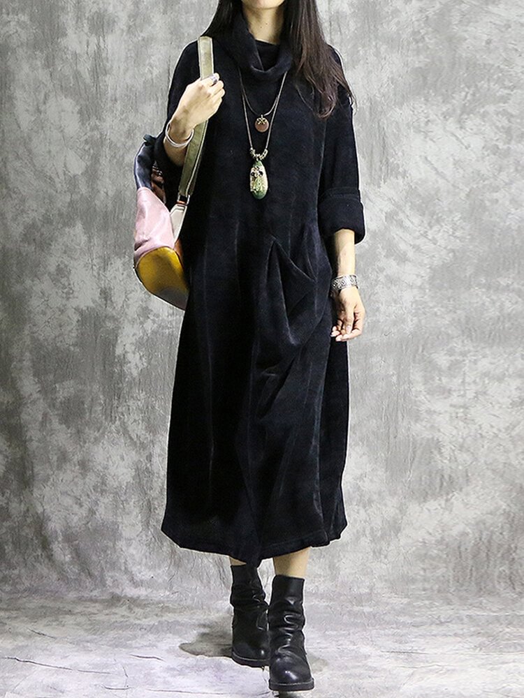 Vintage Corduroy Pocket Long Sleeve Casual Midi Dress - BlackFridayBuys