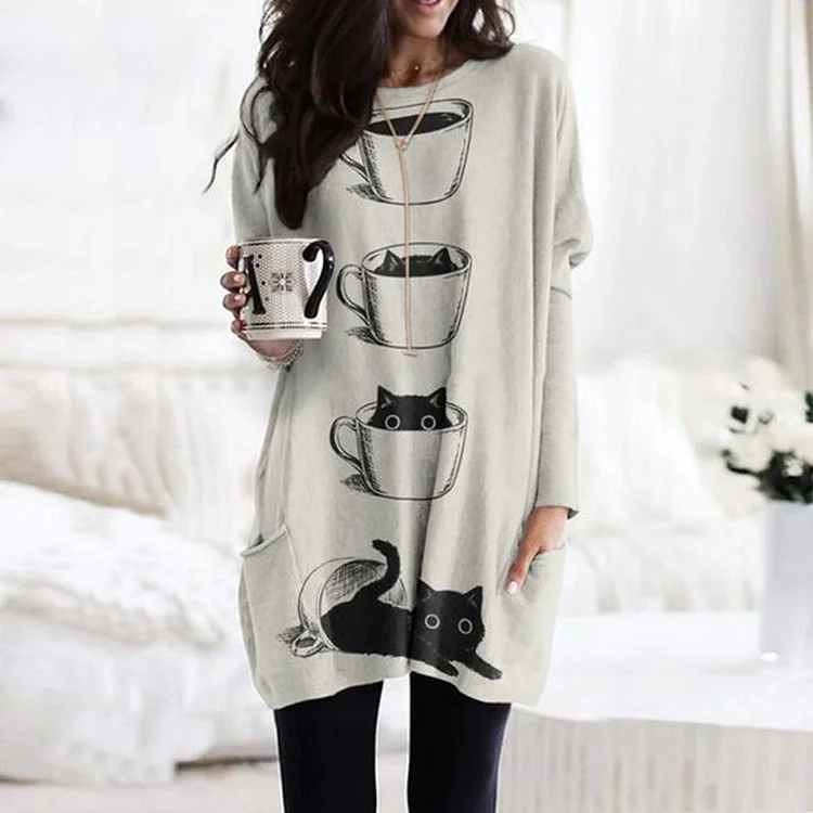 Vefave Vefave Vefave Teacup Cat Printed Pocket Long Sleeve Tunic