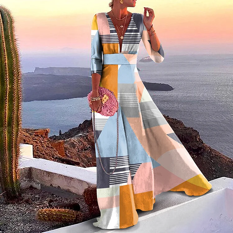 Elegant Geometric Print V-Neck A Swing Maxi Dress