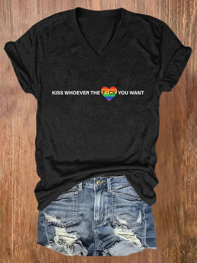 Women's Kiss Whoever You Want Gay Pride Print Casual T-shirt socialshop