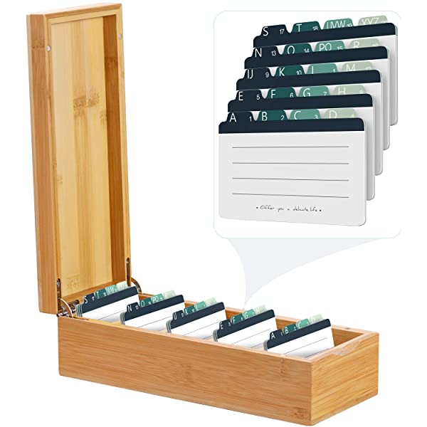 MaxGear Business Card Holder 2.2 x 3.5 inches Index Cards Organizer Box  Desktop Cards File Note Card Holders for Business Cards, Bamboo, 5 Divider  Boards for 600 Cards, A-Z Tabs Style A