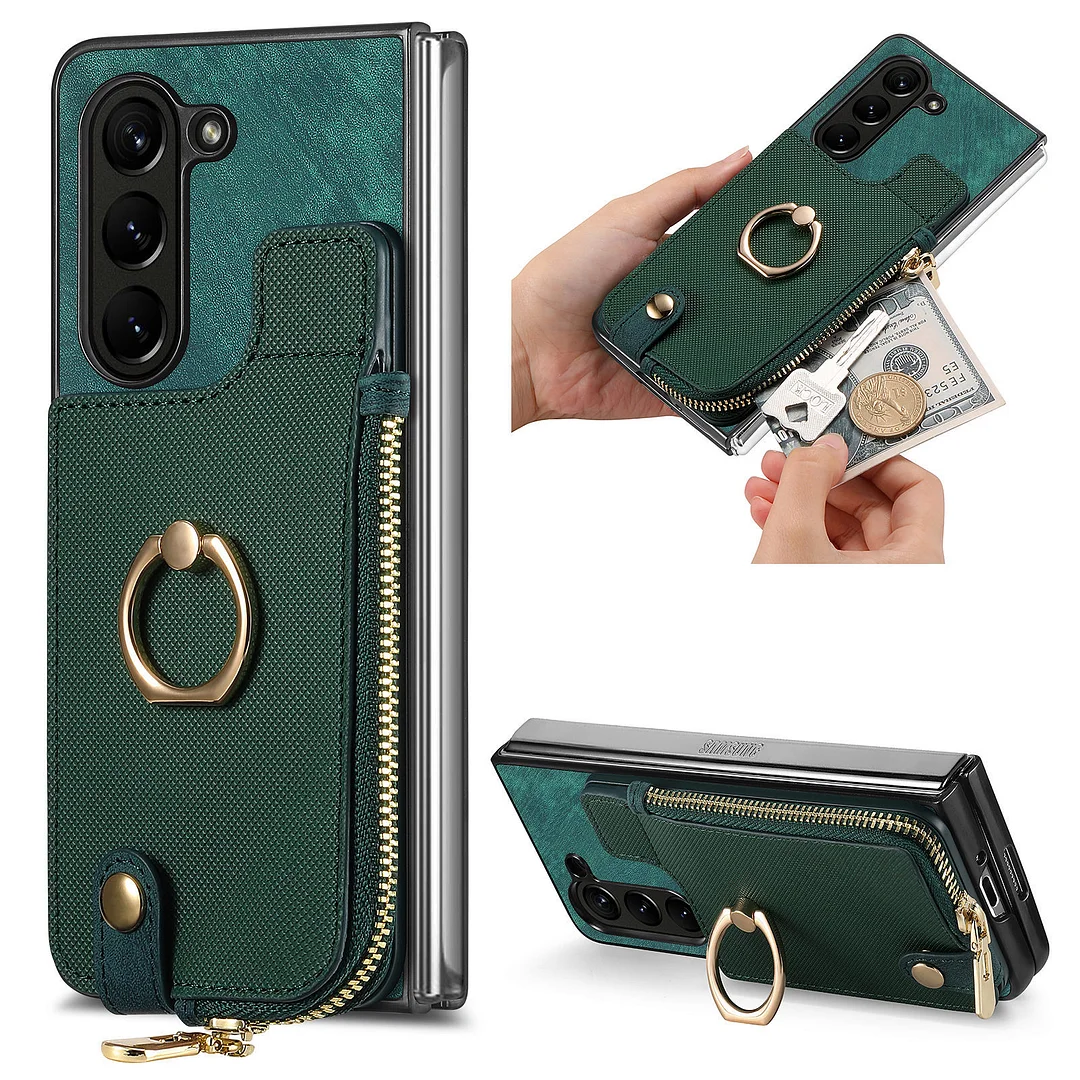Luxury Retro Leather Phone Case With 2 Cards Wallet,Zipper Slot,Rotating Ring Kickstand For Galaxy Z Fold5