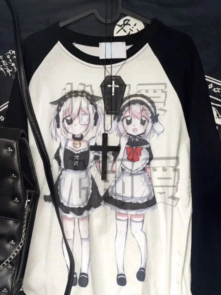 Tlbang Tee Shirts Y2k Aesthetic Long Sleeve T-shirt Women Gothic Letter Cartoon Print Loose Graphic T Shirt Harajuku Fairy Tops