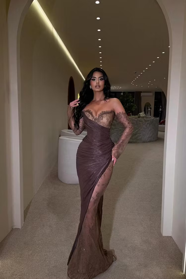 Lussooy Glamorous Brown Long Sleeves V-Neck Strapless Evening Dress with Pleated