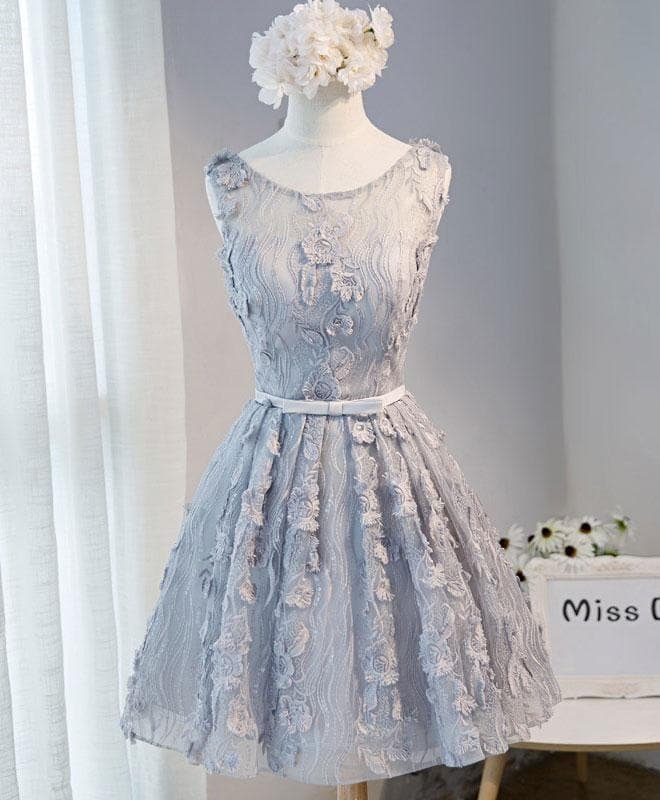 Gray Round Neck Lace Short Prom Dress, Cute Homecoming Dress
