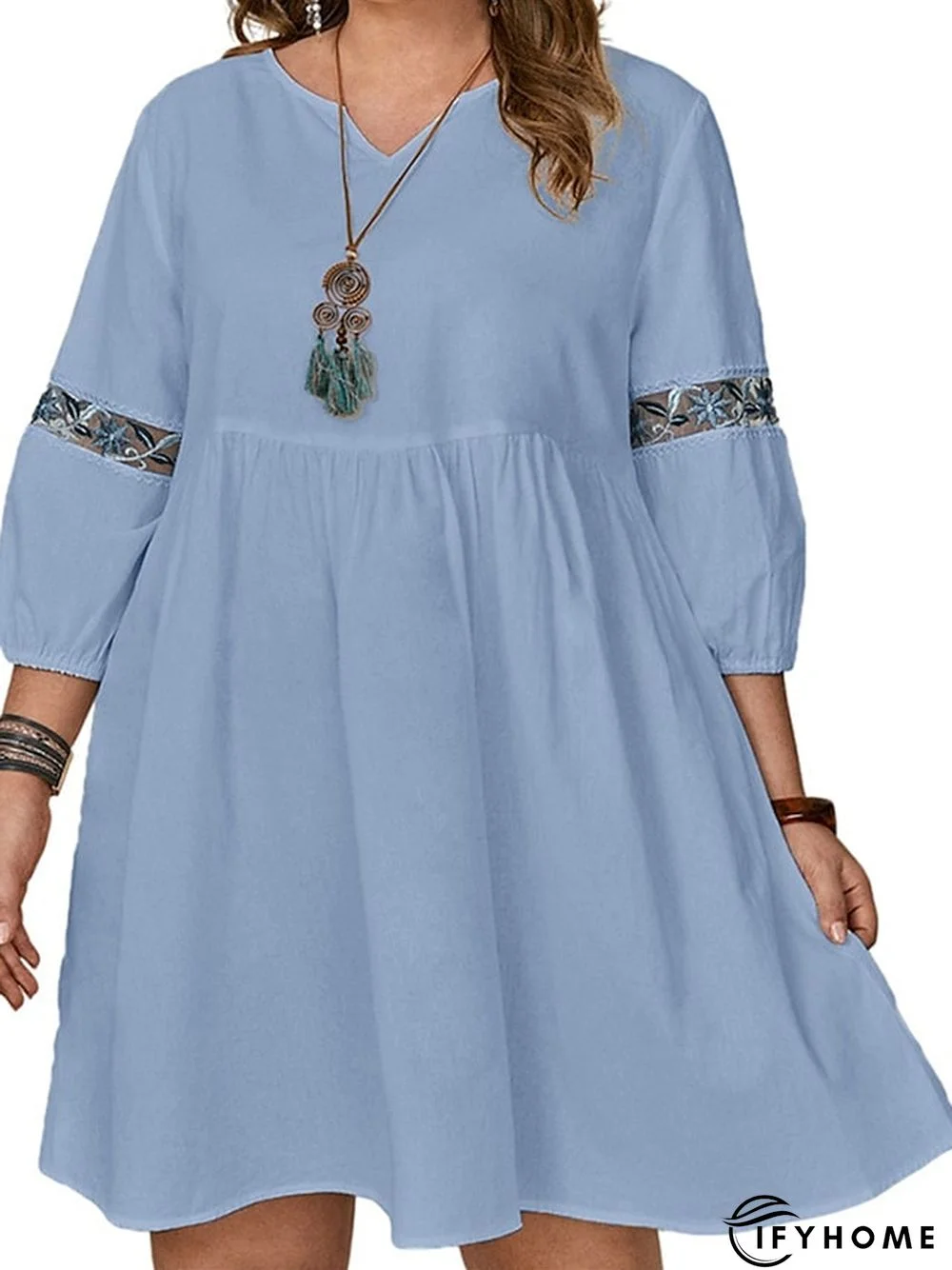 Women's Plus Size Casual Dress A Line Dress Solid Color Mini Dress 3/4 Length Sleeve Mesh Embroidered V Neck Fashion Daily White Blue Spring Summer XL XXL 3XL 4XL 5XL | IFYHOME