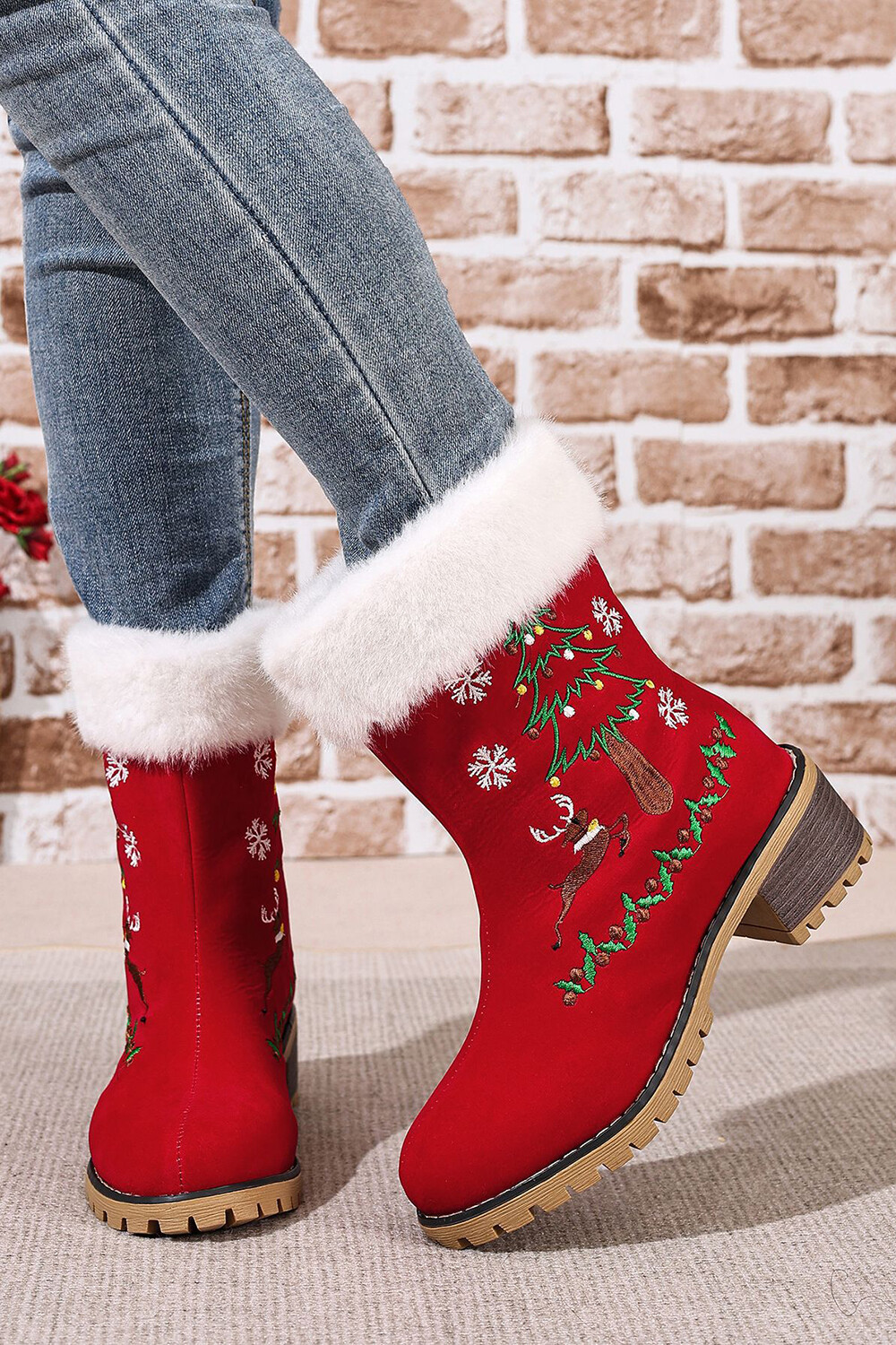 Christmas Red Reindeer Snowflake Tree Pattern Thick Heel Boots