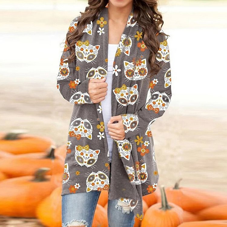 Halloween Cute Cat Print Long Sleeve Cardigan