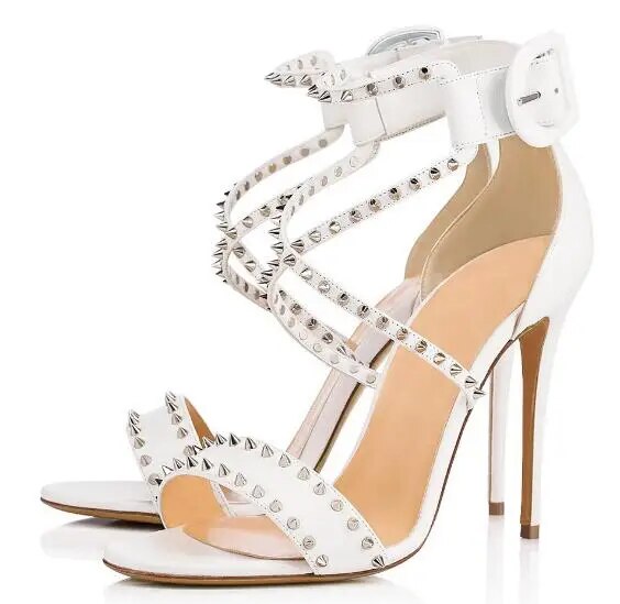 VCSHOES White Leather Rivets Cover Heel Sandals Woman Open Toe Narrow Bands Buckle Stiletto Heels Party Shoes