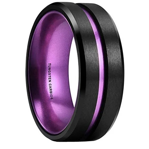 Women's Or Men's Wedding Tungsten Carbide Wedding Band Matching Rings,Black and Purple Groove,Matte Finish with Beveled Edges Ring With Mens And Womens For Width 4MM 6MM 8MM 10MM