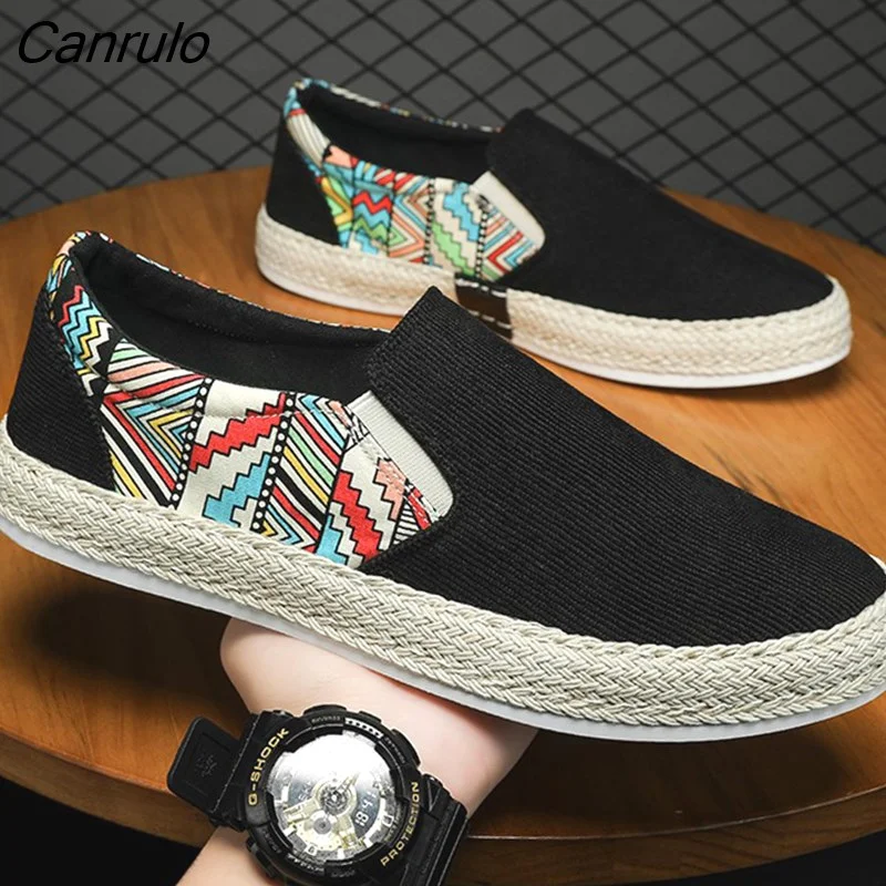 Canrulo New Men's Summer Casual Sneakers Linen Breathable Casual Flats Shoes Fisherman Driving Footwear Fashion Boy Canvas Shoes