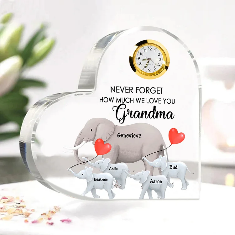 Personalized Heart-Shaped Acrylic Clock Keepsake Heart Sign Engraved 5 Names Elephant Ornament Unique Gift for Mom Grandma