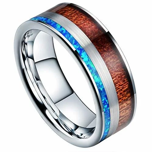 Women's Or Men's Tungsten Carbide Wedding Band Matching Rings,Silver band with Wood and Blue Opal Inlay Ring Comfort Fit With Mens And Womens For Width 6MM 8MM