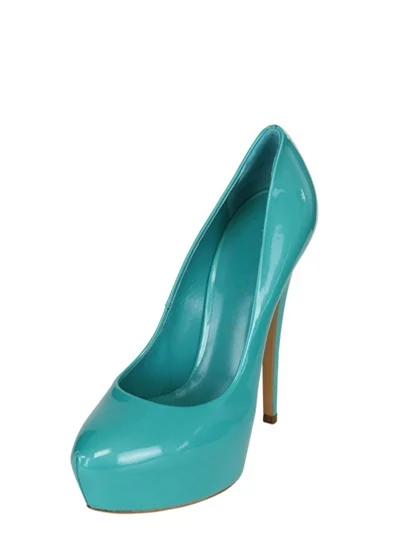 Turquoise Patent Leather Platform Pumps - Chunky Heel Vdcoo