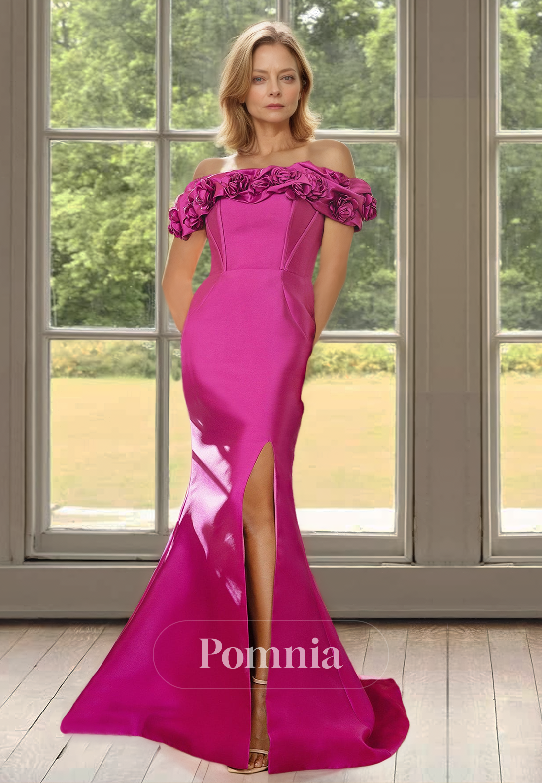 pink off the shoulder mother of the bride dress 992515 from Veni InMother of the Bride Bardot Dress Pink Floral Midi