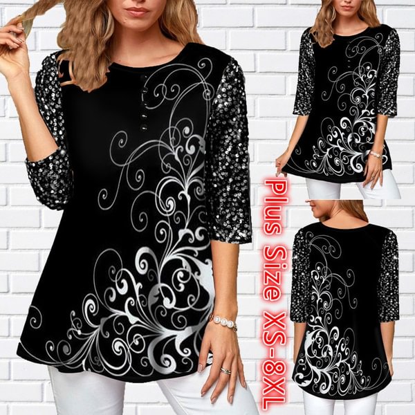 Women Half Sleeved Pullover T-Shirt Solid Color Loose Tops Blouse Printed Sequin Detail Round Neck T Shirt Plus Size XS-8XL - BlackFridayBuys
