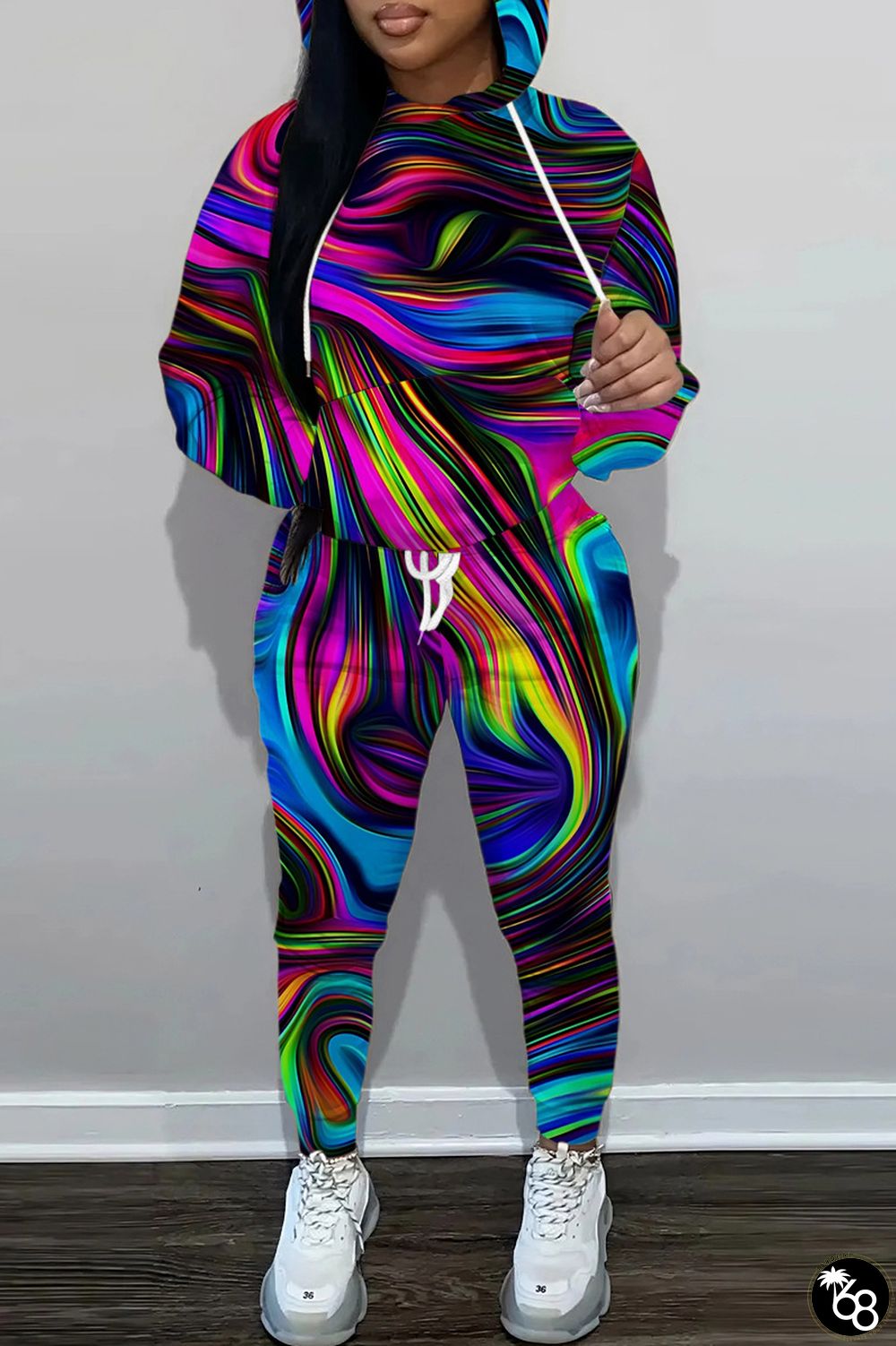 Multicolor Casual Print Patchwork Hooded Collar Long Sleeve Two Pieces | 168DEAL