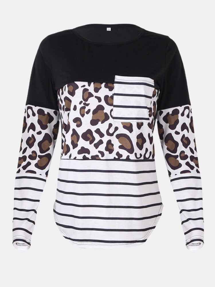 Leopard Striped Print Patchwork O neck Long Sleeve Casual T Shirt With Pocket P1804507