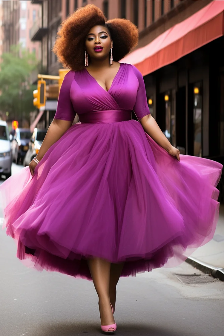 Xpluswear Design Plus Size Prom Elegant Purple Wrap Neck Short Sleeve Contrast Tiered Tulle Midi Dresses 