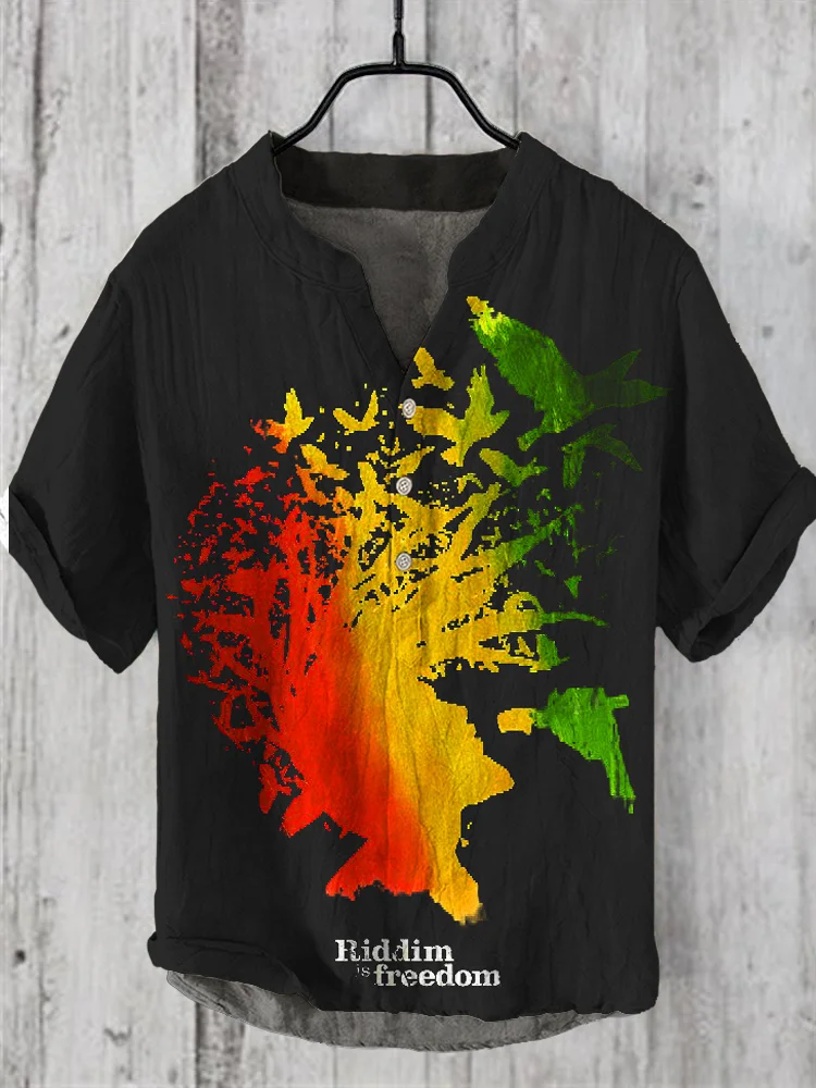 Comstylish Reggae Freedom Art Print Linen V-Neck Shirt