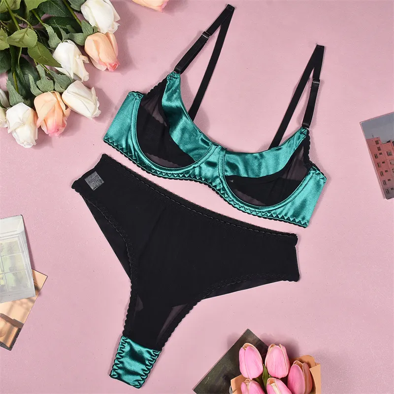 Billionm Lingerie Satin Splicing Underwear Set Three Point Women S 2