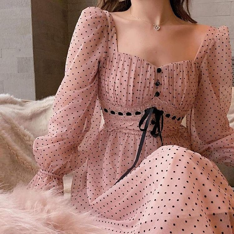 Vintage Elegant Coffee/Pink Dot Puff Sleeve Square Collar Dress SP16410