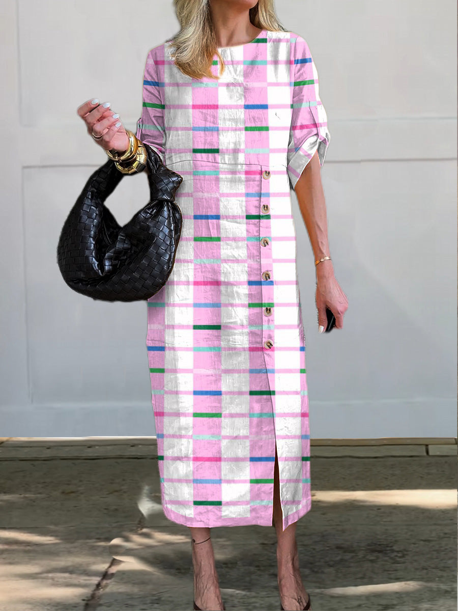 Lovely Geometric Pattern Printed Women's V-Neck Button Pocket Cotton Dress