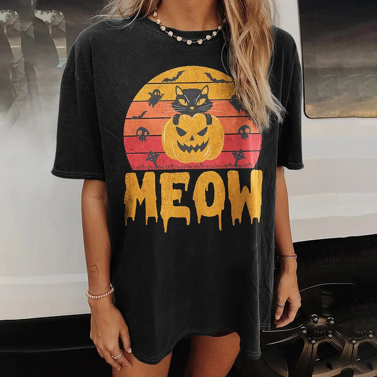 Vefave Halloween Meow Print Short Sleeve T-Shirt