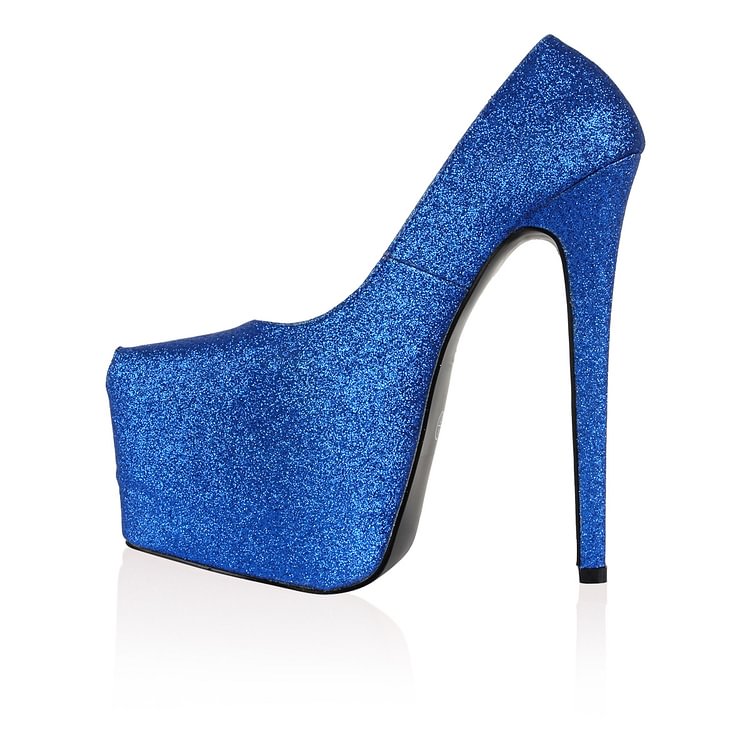 Royal Blue Platform Heels Closed Toe High Heel Glitter Pumps |FSJ Shoes