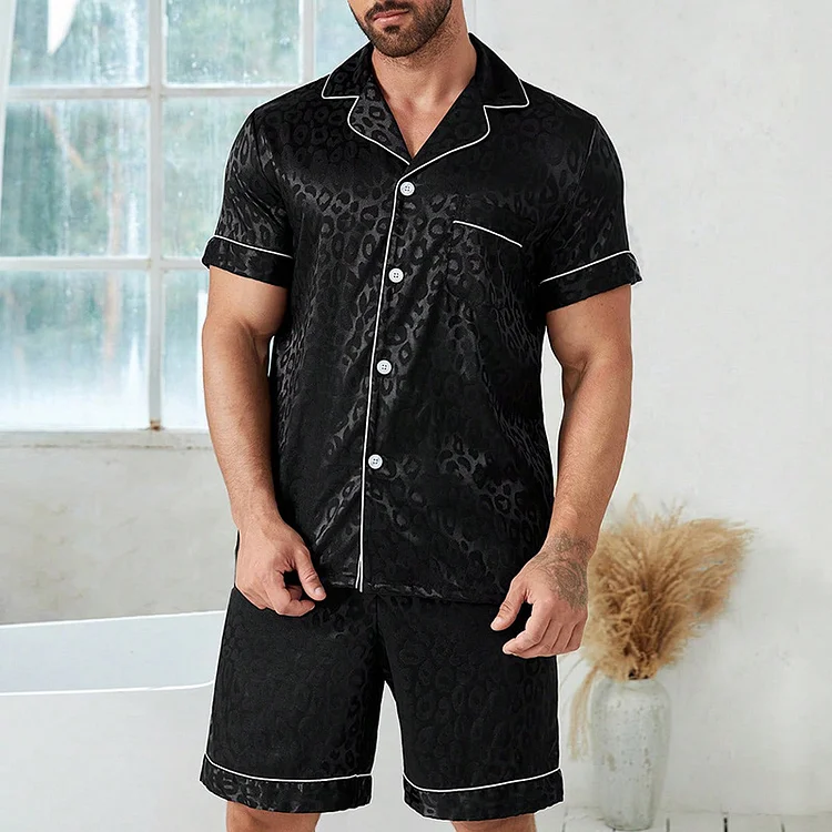 Men's Leopard Pattern Lapel Collar Sleepwear Shirt & Shorts 2Pcs Set