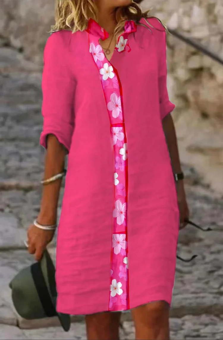 Pink-Flower Plain Cotton Casual Dress