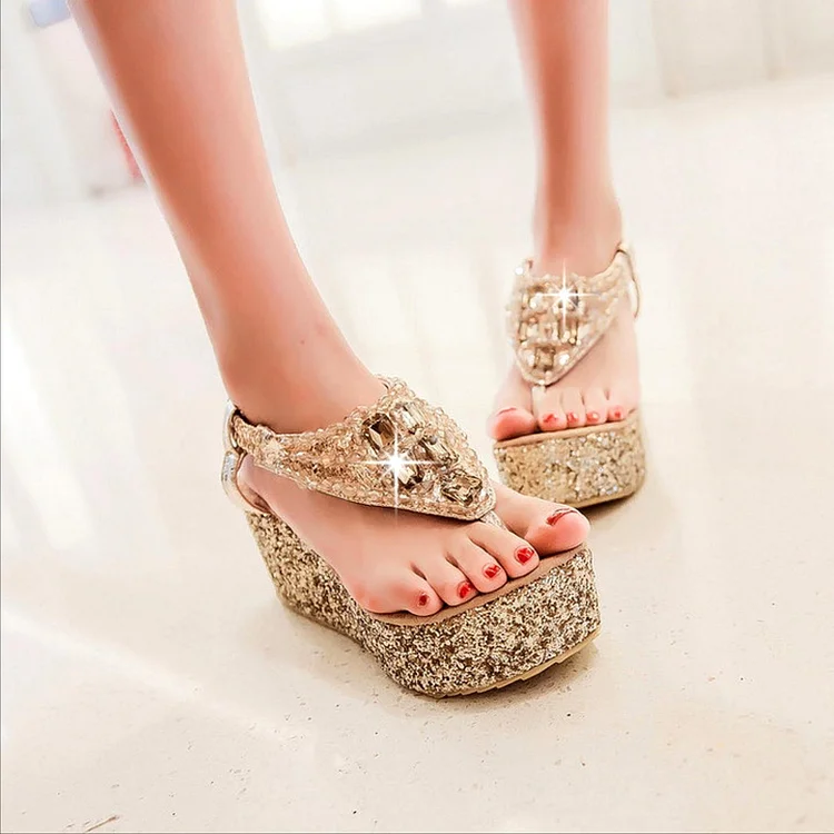 Gold Glitter Rhinestone Thong Sandals Vdcoo