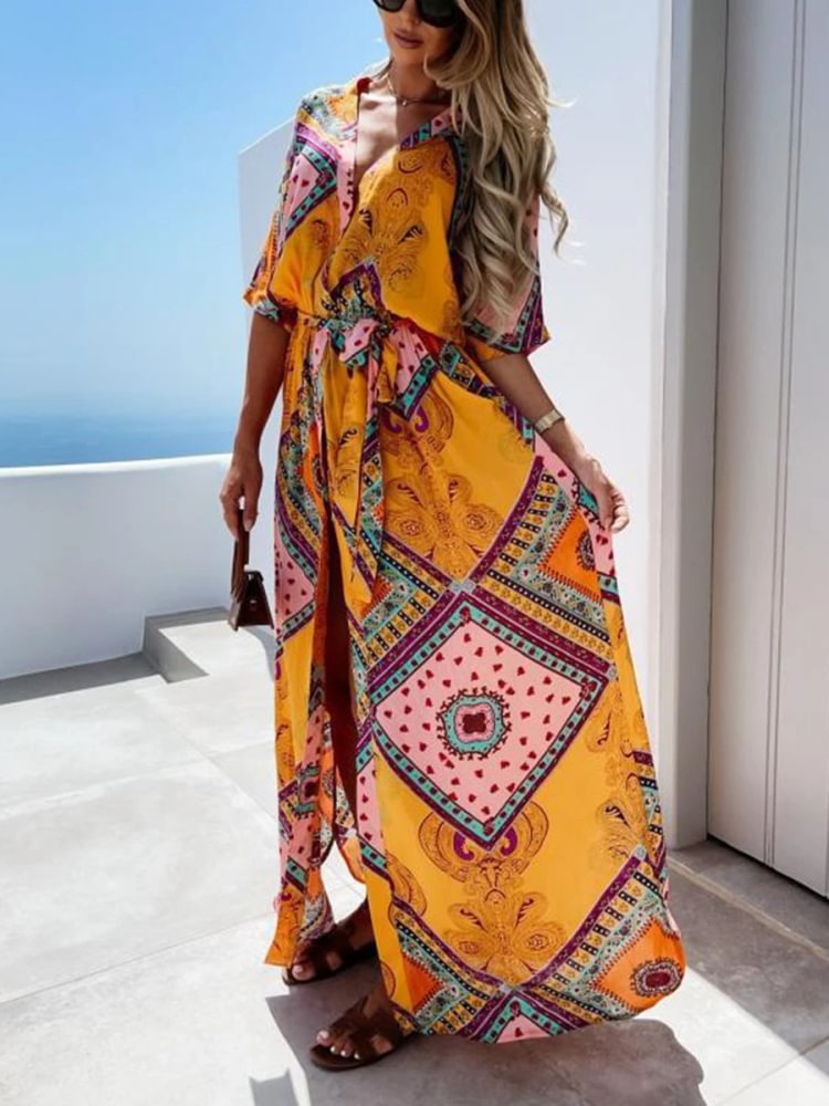Bohemian Print V-neck Maxi Dress P10298