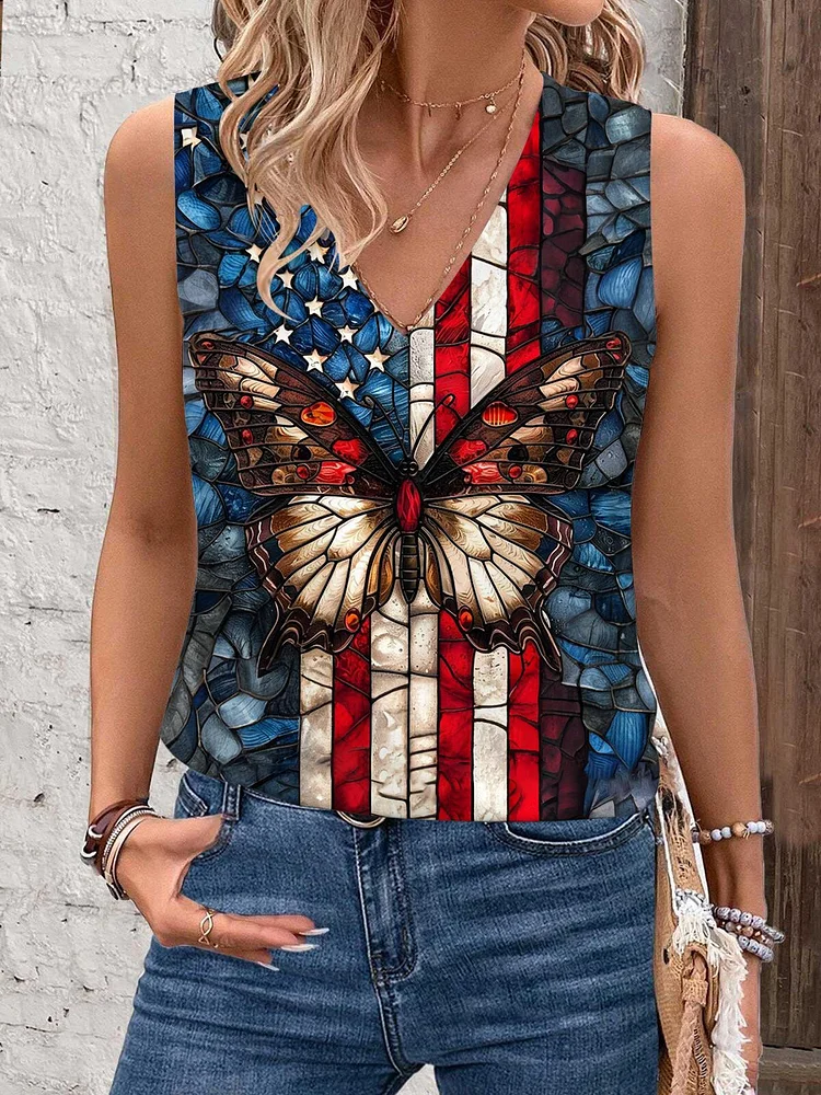 Stained Glass Star Stripe Butterfly Ladies V Neck Vest